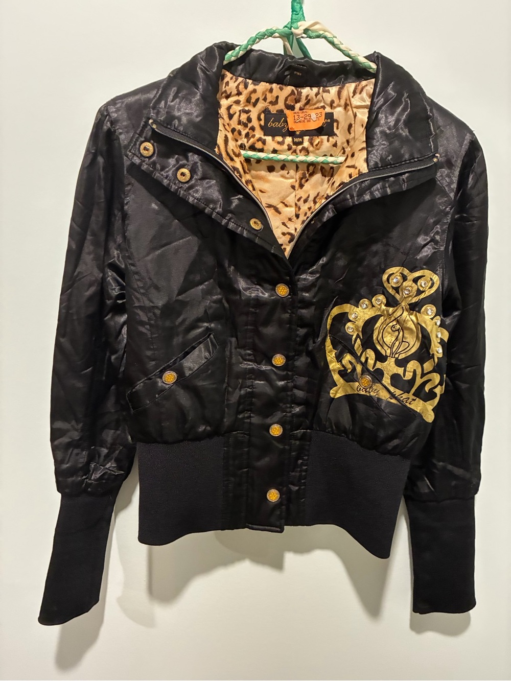 Baby Phat Vintage Shiny Black Leopard Print Lined Bomber Jacket Size Medium